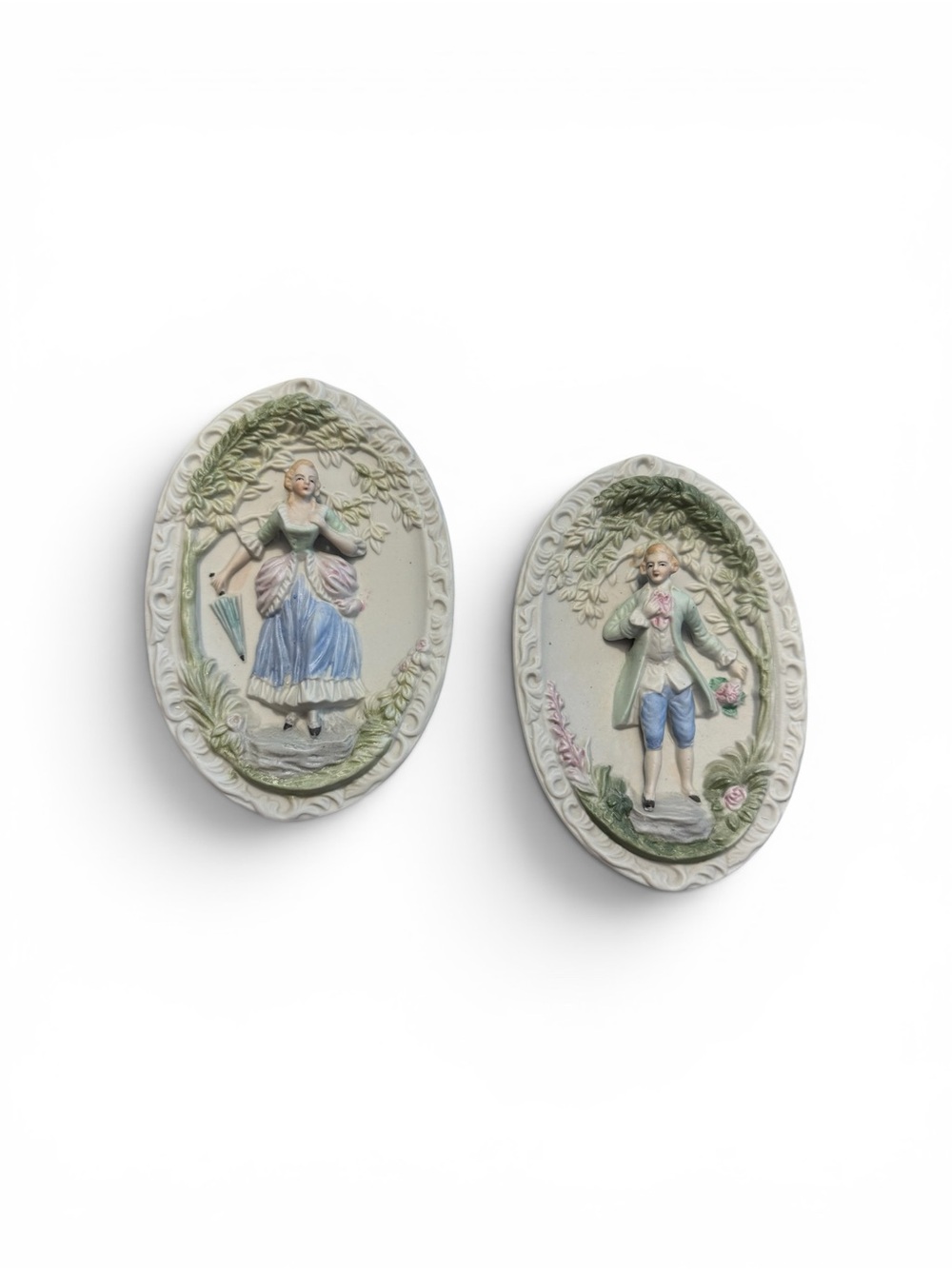 Pair of Pastel Porcelain Wall Plaques with Romantic Figures Occupied Japan